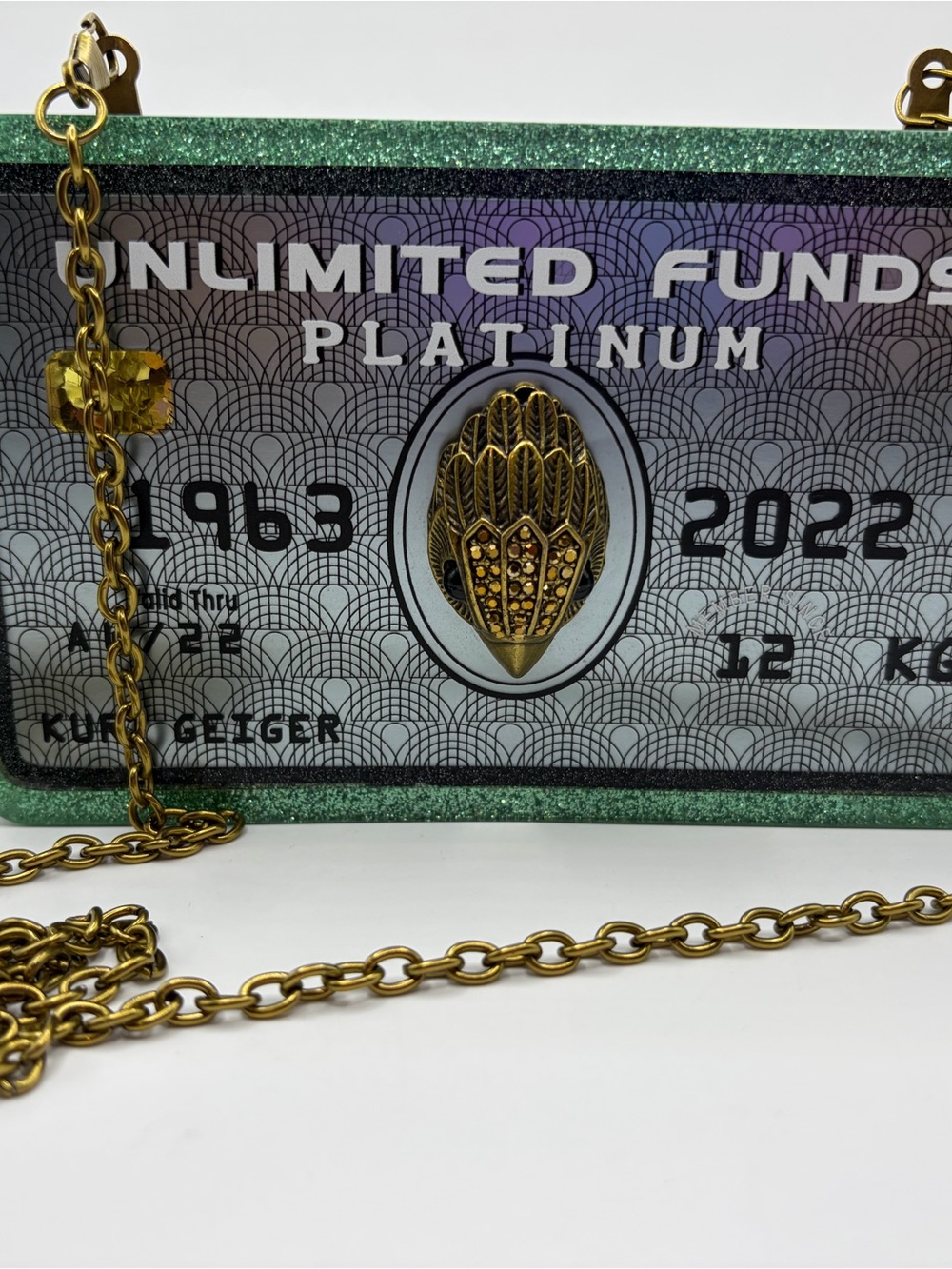 Kurt Geiger Green Glitter Money Clutch with Gold Chain